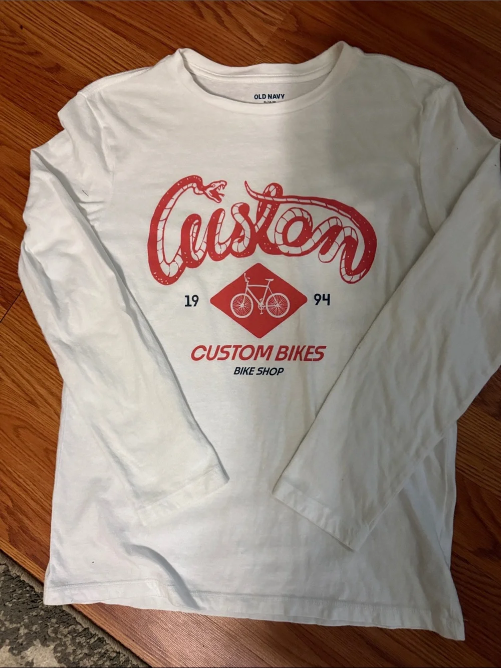 Old Navy White Long-Sleeve Tee with Red Custom Bikes Graphic
